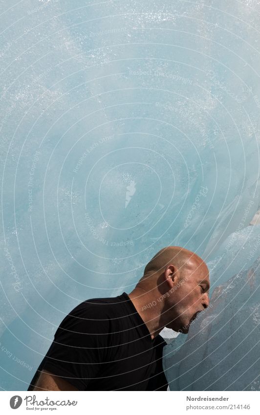 Man drinks water on a glacier Lifestyle Joy Masculine Adults 1 Human being 45 - 60 years Ice Frost Glacier T-shirt Bald or shaved head Touch Freeze Kissing Cold
