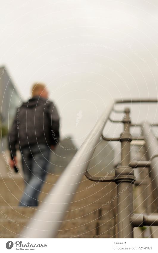 the ascent Human being Masculine Man Adults 1 Stairs Metal Steel Movement Going Colour photo Subdued colour Exterior shot Detail Copy Space top Day Blur