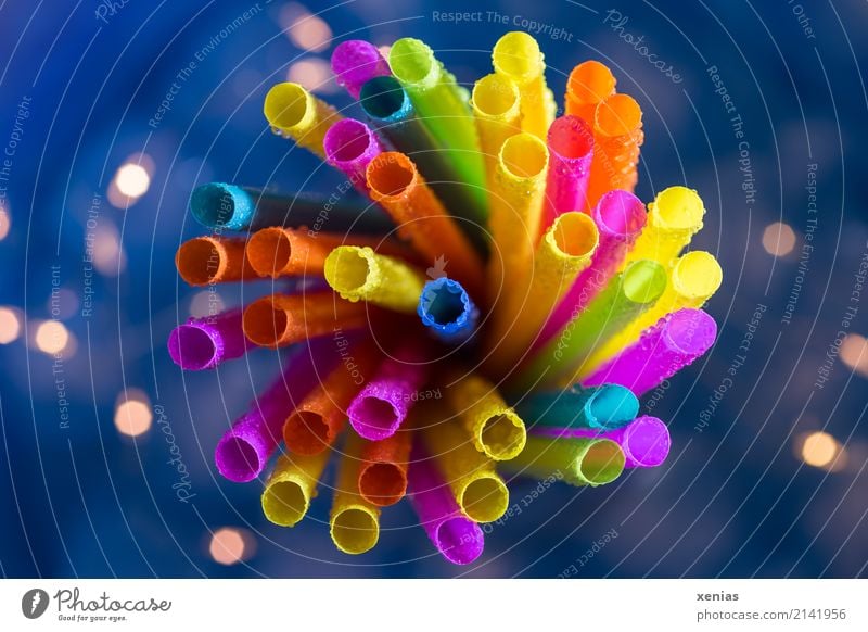 Colorful bouquet drinking straws with water drops and bokeh Straw Plastic Blue Yellow Orange Pink Multicoloured Bouquet Light Fairy lights Versatile
