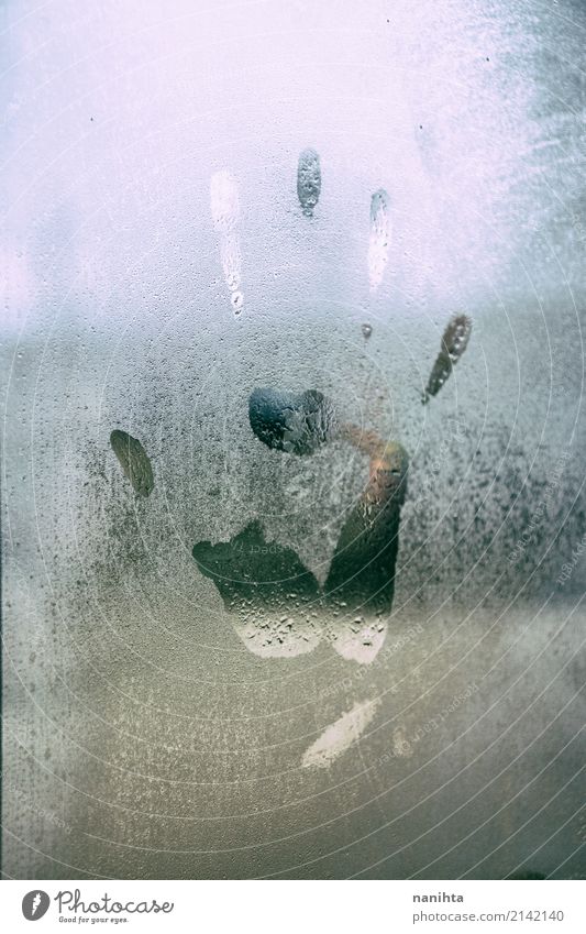 Human hand print in a wet window Climate Weather Bad weather Fog Rain Glass Crystal Tracks Hand Dirty Dark Authentic Uniqueness Wet Moody Apocalyptic sentiment