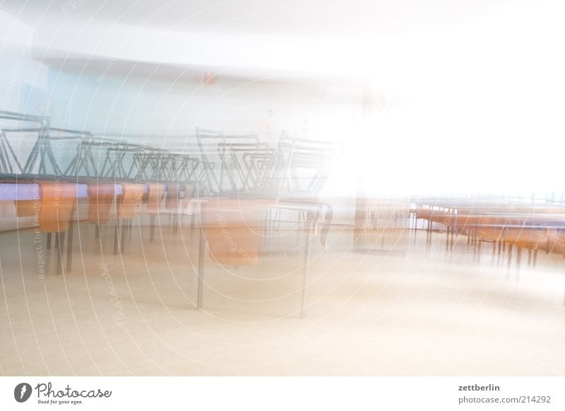 canteen Cafeteria Chair Table Furniture Room dining room Dining hall Empty Deserted Speed Haste Bright Colour photo Interior shot Copy Space top High-key Blur