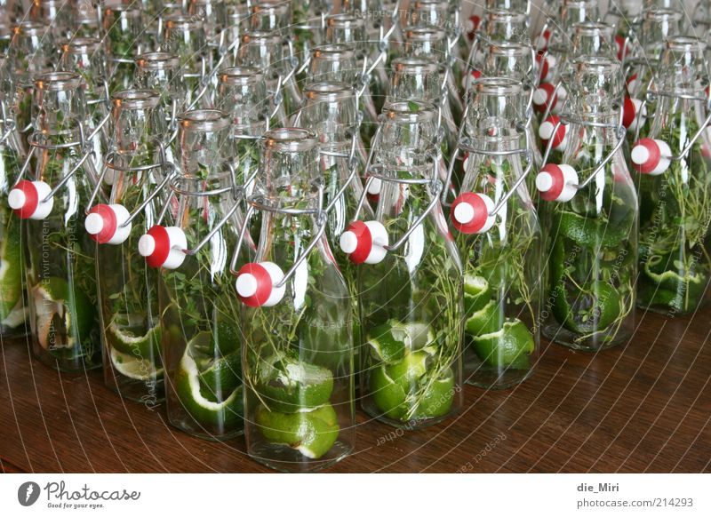 Attention! Bottle Glass Glittering Green Red Cap Closure swing stopper Lime Thyme Wood pot Self-made Colour photo Multicoloured Interior shot Deserted