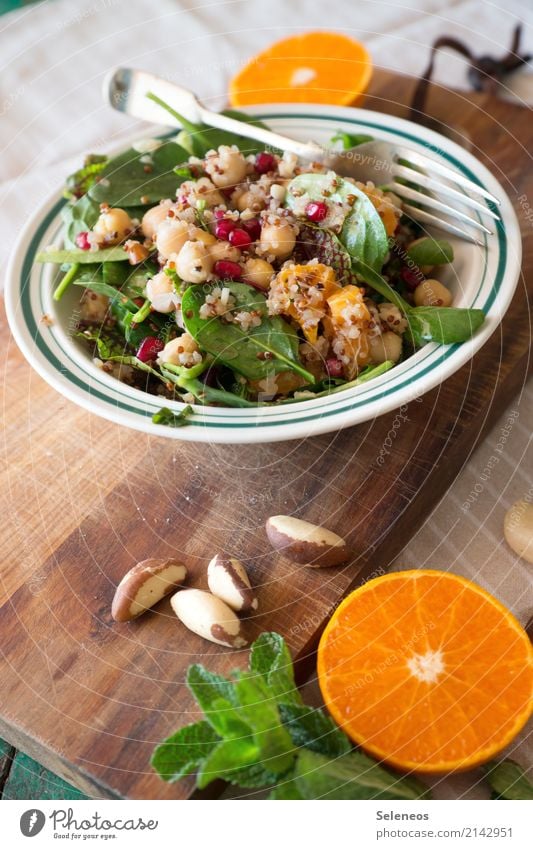 fitness food Food Vegetable Lettuce Salad Fruit Orange Herbs and spices Mint Chickpeas Nut Pomegranate Spinach field salad Nutrition Eating Lunch Dinner Picnic