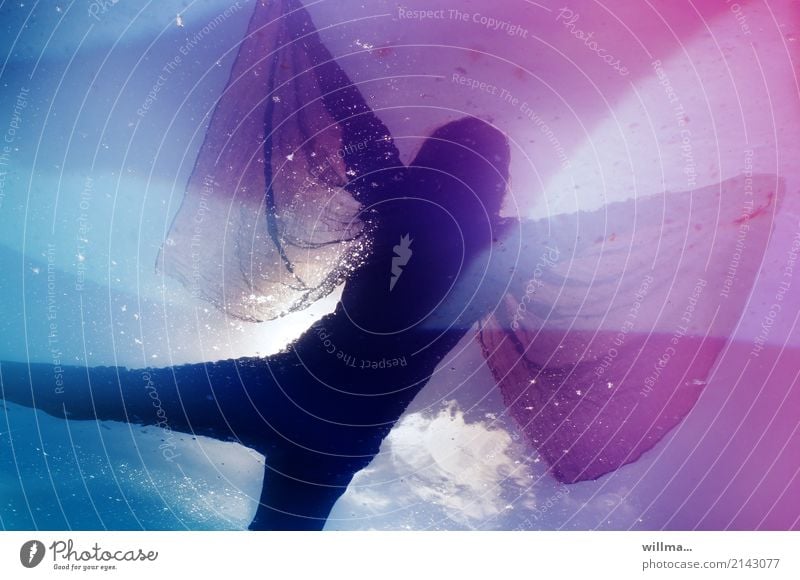 The dream dancer - woman dancing with a scarf as if with angel wings, in the background water reflecting a cloud Woman Rag Flying Dance Dream world Space cadet