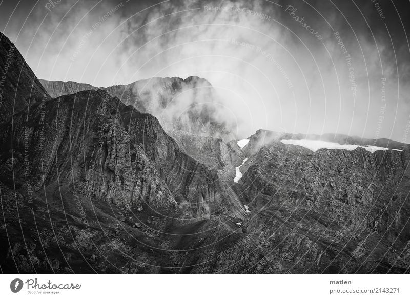 High in the Pyrenees Nature Landscape Sky Clouds Summer Rock Mountain Black White Snow Steep Black & white photo Exterior shot Pattern Structures and shapes