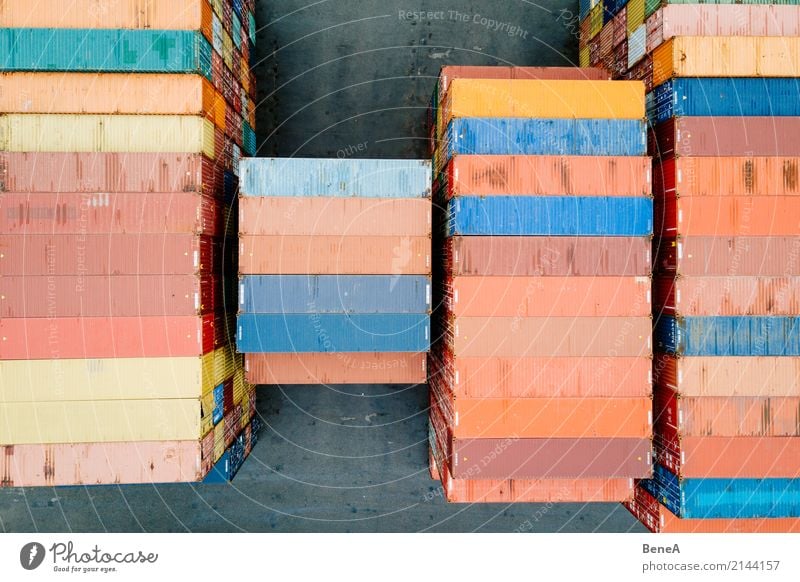 Colorful cargo container in a goods warehouse Economy Industry Trade Logistics Business Success Transport Truck Container ship Freight train Multicoloured