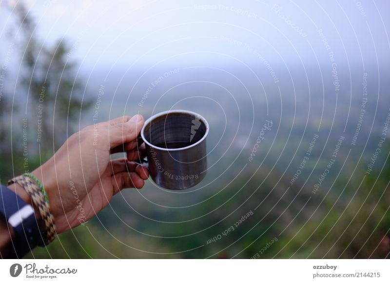 hand holding metal cup of coffee in the morning Beverage Drinking Hot drink Coffee Cup Mug Lifestyle Joy Leisure and hobbies Adventure Camping Mountain Hiking