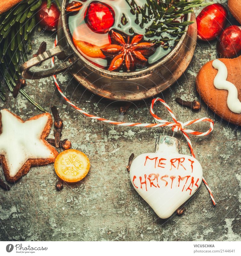 Christmas greeting card with mulled wine and cookies Candy Nutrition Banquet Beverage Hot drink Mulled wine Cup Style Design Winter Feasts & Celebrations
