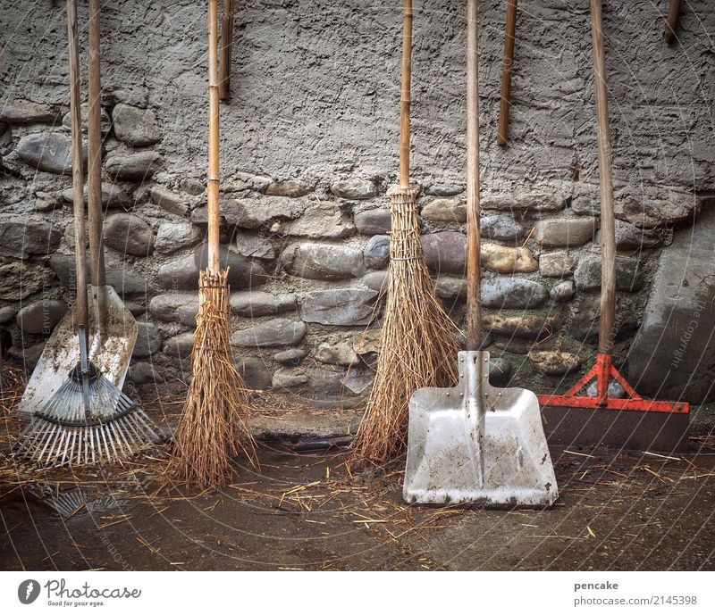 sweep week Elements Earth Wall (barrier) Wall (building) Stone Authentic Dirty Services Tradition Broom Shovel Rake Agricultural machine Farm Straw Colour photo