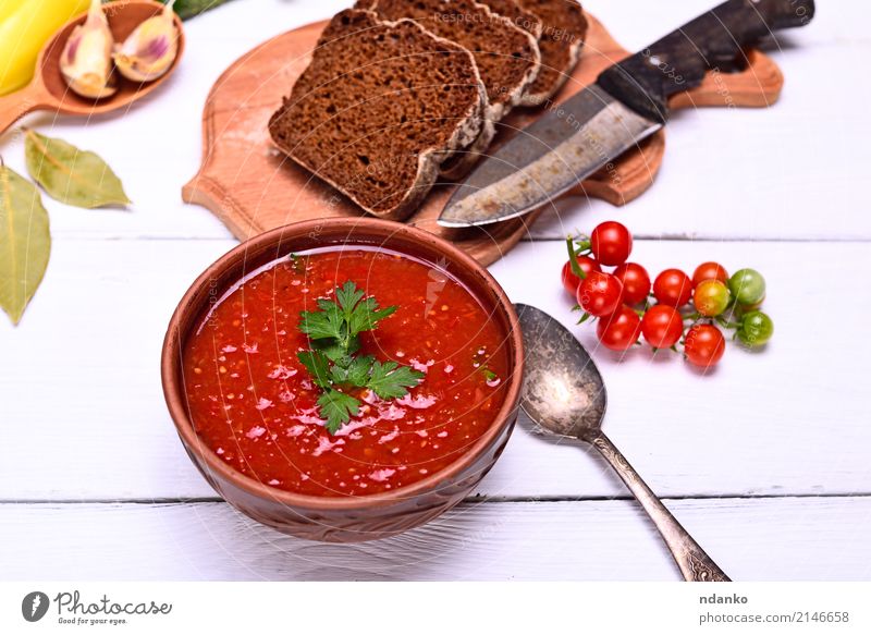 Cold creamy gazpacho soup Vegetable Bread Soup Stew Herbs and spices Nutrition Lunch Dinner Vegetarian diet Diet Plate Spoon Table Kitchen Wood Fat Fresh