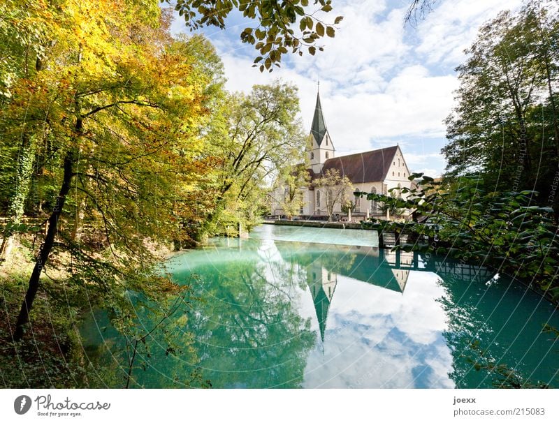 blue pot Nature Sky Beautiful weather Tree Pond Village Church Old Blue Green Calm Source Blautopf Colour photo Multicoloured Exterior shot Day Reflection
