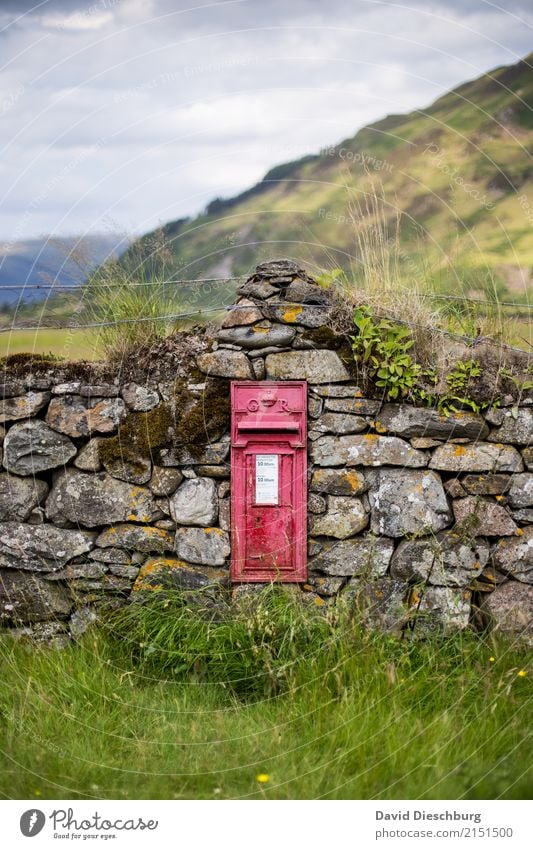 Scottish mailbox Vacation & Travel Adventure Logistics Mail Landscape Sky Clouds Plant Grass Moss Meadow Hill Mountain Stone Bizarre Loneliness Advancement