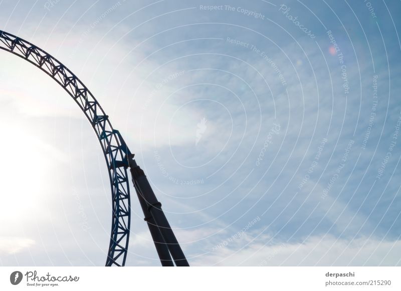 roundercoaster Roller coaster Metal Blue Force Round Framework Colour photo Exterior shot Deserted Copy Space right Copy Space top Day Sunlight Back-light