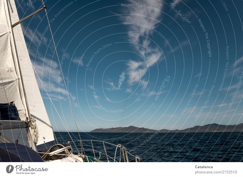 Sail of sailing yacht, sea and coastline on horizon Sailing trip Nature Landscape Air Water Sky Clouds Summer Beautiful weather Hill Rock Mountain Ocean