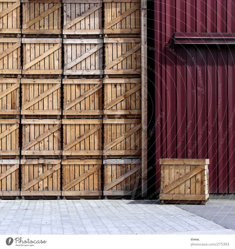birthday luggage for almo Crate Wooden box Exterior shot Shadow Brown Red Gate Barn door Agriculture Stack Edgewise Adequate Parking made available Farm