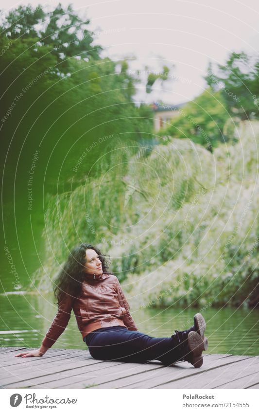 #A# Walk In The Park III Art Esthetic Sit Woman Relaxation Exterior shot Young woman Green Footbridge Lake Idyll Leather jacket Fashion Model Colour photo