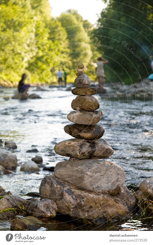 Lonely - zweisam - Dreisam Leisure and hobbies Playing Trip Summer Water Beautiful weather River bank Relaxation Friendship Stone Day Shadow Stack Consecutively
