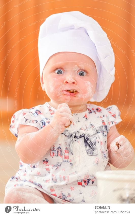 What a look! Cute liitle girl in chef's hat soiled with flour Food Vegetable Bread Cake Eating Breakfast Lunch Lifestyle Joy Home improvement Human being
