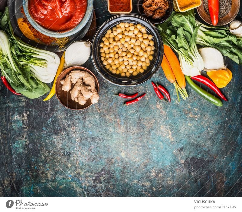 Vegetarian cooking ingredients for chickpea dish Food Vegetable Lettuce Salad Herbs and spices Nutrition Lunch Dinner Organic produce Vegetarian diet Diet