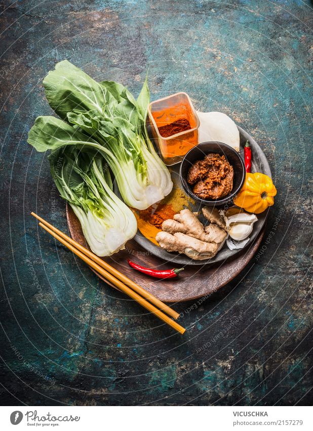 Asian cooking with Pak Choi, chopsticks and spices Food Herbs and spices Nutrition Organic produce Vegetarian diet Diet Asian Food Crockery Style Design