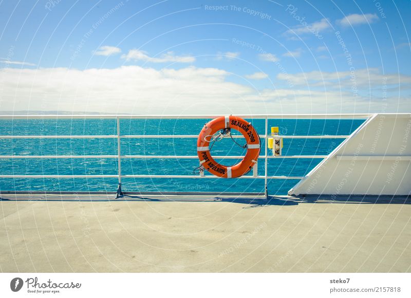 ferry Water Summer Beautiful weather Ocean Ferry Blue Orange White Horizon Rescue Protection Logistics Structures and shapes Kangaroo island Life belt Sun deck