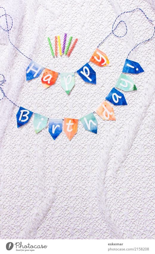 Happy Birthday Feasts & Celebrations Decoration Candle Sign Characters Flag Paper chain Retro Blue Orange White Colour photo Multicoloured Interior shot