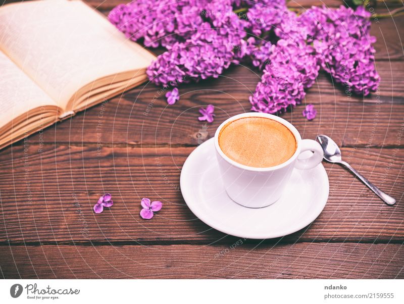 Espresso coffee in a white cup Breakfast Coffee Spoon Table Restaurant Book Flower Paper Bouquet Wood Fresh Hot Above Retro Black White Café drink