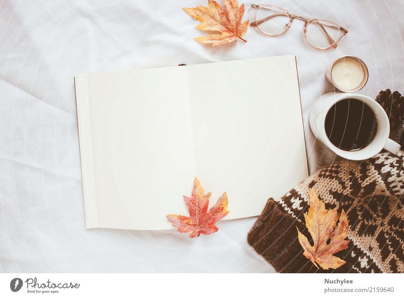 Autumn lifestyle concept Coffee Lifestyle Style Design Decoration Thanksgiving Craft (trade) Art Book Warmth Leaf Fashion Eyeglasses Hat Paper Candle Modern