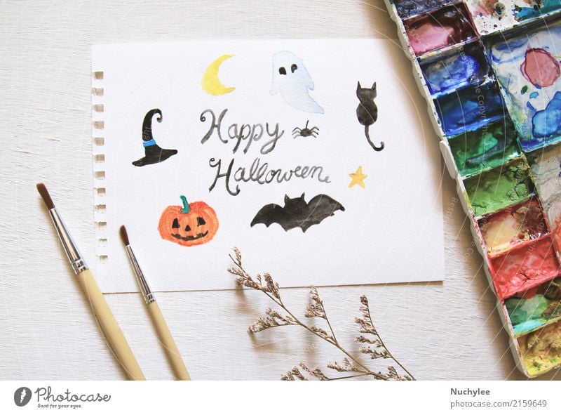 happy halloween greeting card painted with watercolor Leisure and hobbies Handcrafts Hallowe'en Art Artist Painter Work of art Painting and drawing (object)