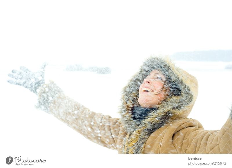 snow Woman Snow Snowfall Winter Coat Winter coat Joy Laughter Sky Vacation & Travel Winter vacation Nature Natural Gloves Cold Joie de vivre (Vitality) Smiling
