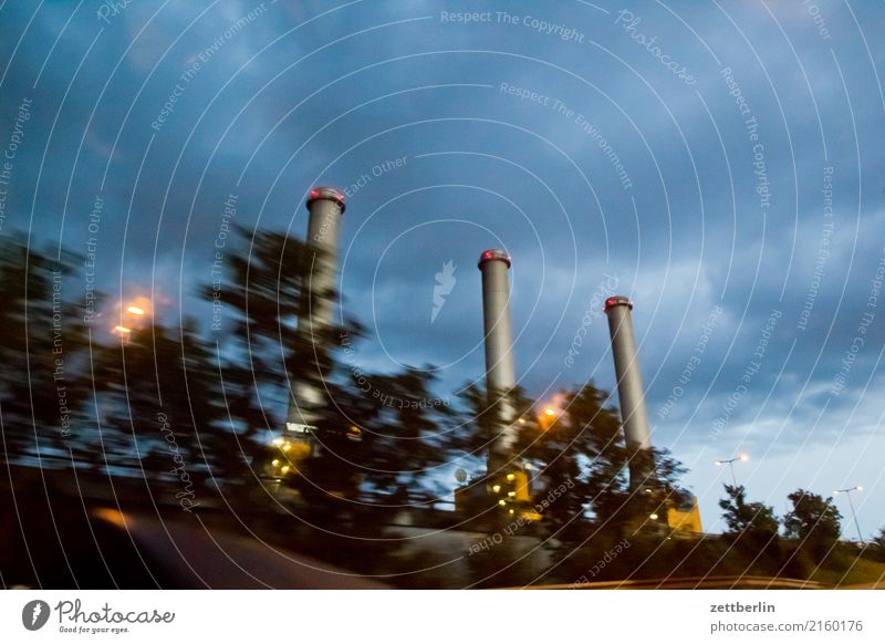 force Electricity generating station Thermal power station Chimney 3 Evening Closing time Night Twilight Sky Heaven Clouds Weather Rain Motion blur Highway