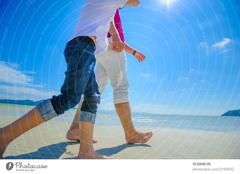 The happiest childhood: father and son walking along the tropical beach Lifestyle Joy Vacation & Travel Sun Beach Ocean Island Human being Masculine Child Legs