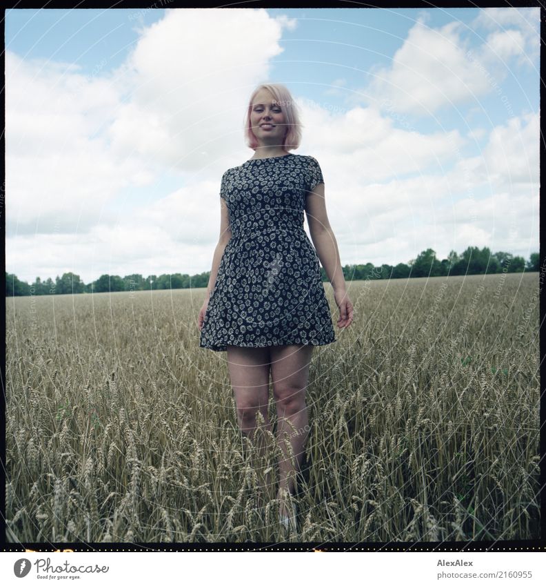 analogue medium format portrait of a young woman standing in a field in a summer dress Grain Cornfield Lifestyle Joy luck already Well-being City trip Hiking