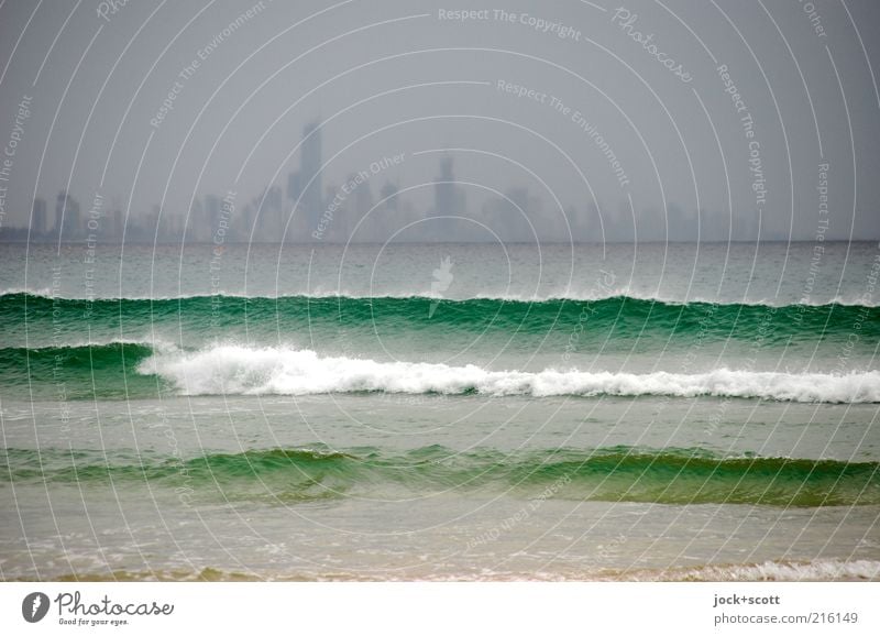 Surfers Paradise on a hazy day Far-off places Sky Bad weather Waves Pacific Ocean Pacific beach Gold Coast Skyline Town Gray Green Moody Inspiration Modern