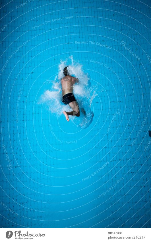 splashing one's belly Lifestyle Joy Leisure and hobbies Sports Aquatics Sportsperson Swimming pool Human being Masculine 1 Water To fall Jump Tall Cold Blue