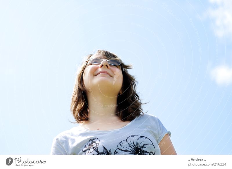 View into the sky Feminine Looking Think Sky Sky blue Portrait photograph Brunette Beautiful Youth (Young adults) Longing Worm's-eye view Expectation