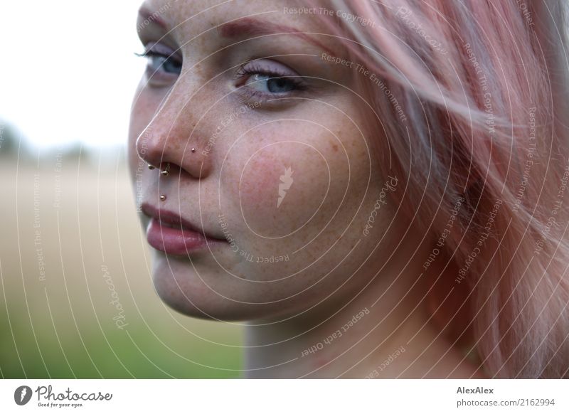 lateral portrait of a freckled woman in front of a field Joy already Face Life Trip Young woman Youth (Young adults) Freckles 18 - 30 years Adults Youth culture