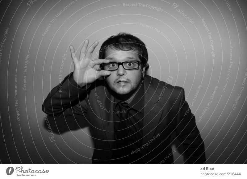 Huh? What's that? Masculine Hair and hairstyles Face Suit Eyeglasses Black & white photo Studio shot Looking Vista Exceptional Whimsical