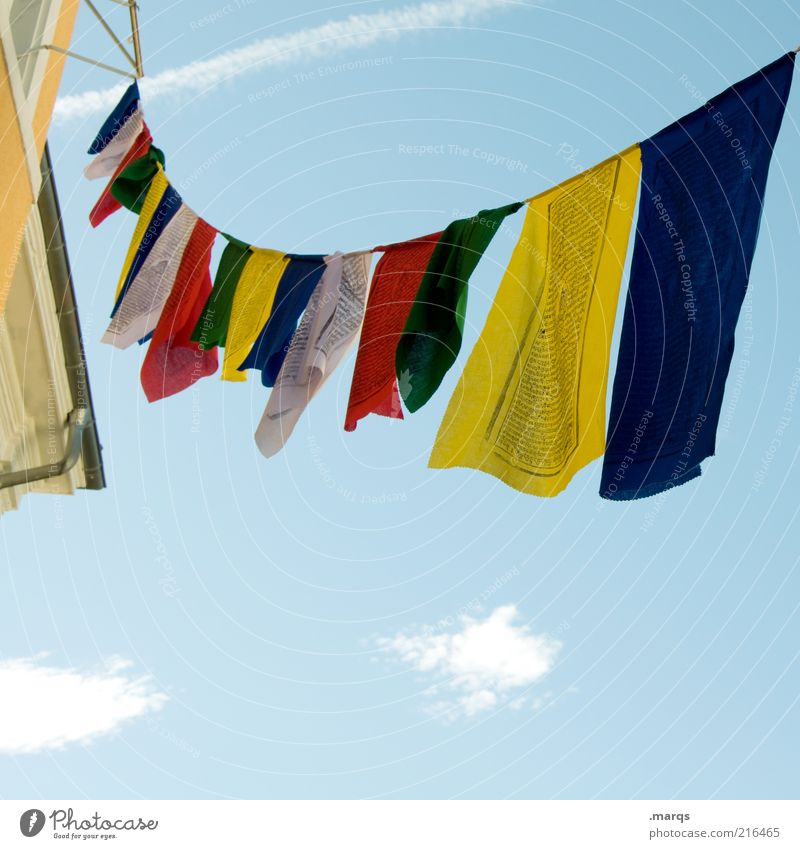 fly the flag Beautiful weather Sign Flag Hang Free Above Multicoloured Peace Prayer flags Colour photo Exterior shot Close-up Copy Space bottom Worm's-eye view