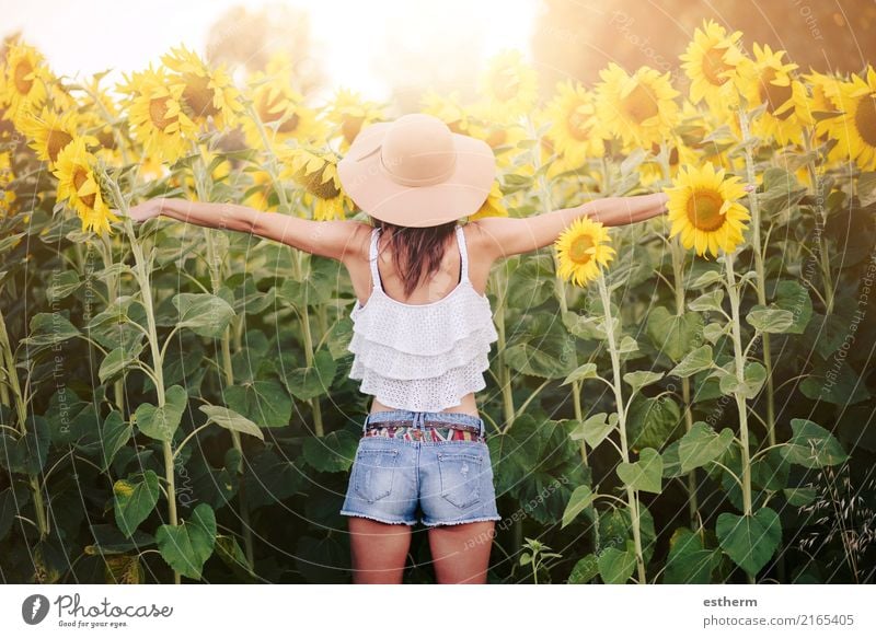 Girl in field of sunflowers Human being Young woman Youth (Young adults) Woman Adults 1 30 - 45 years Nature Plant Garden Field Fitness Vacation & Travel Dream
