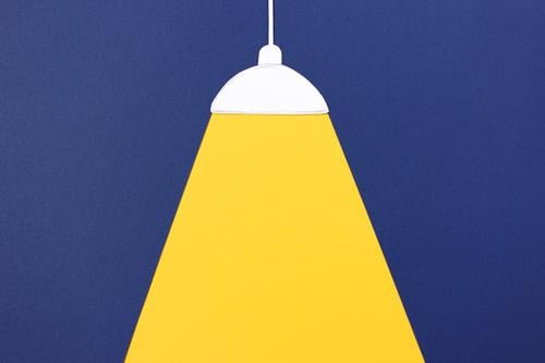 Lights on. Ceiling lamp with light cone Lamp Observe Illuminate Simple Bright Blue Yellow Truth Energy Innovative Living or residing Focus on Cone of light