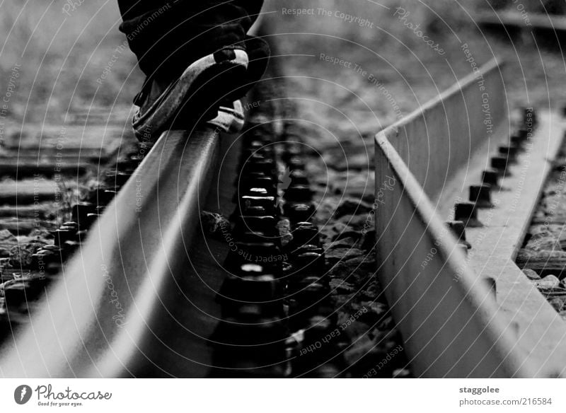 Walk The Line Lifestyle 1 Human being Pedestrian Rail transport Railroad tracks Footwear Walking Black & white photo Central perspective Reflection