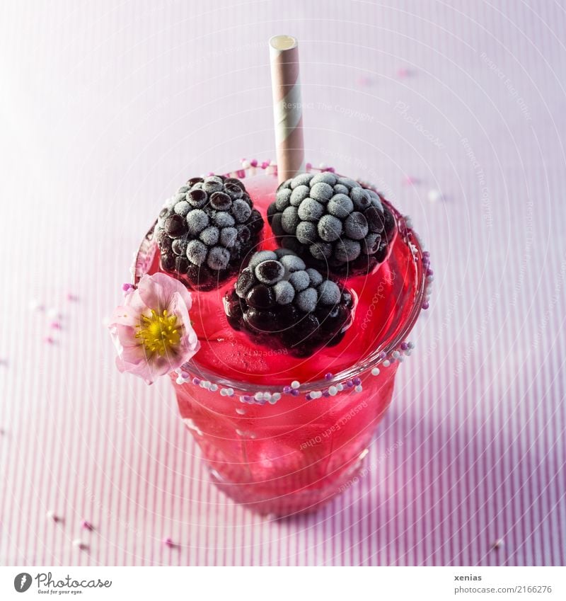 Pink sweet lemonade made of raspberry juice with frosted blackberries and strawberry blossom in a glass with sugar rim and drinking straw on striped tablecloth