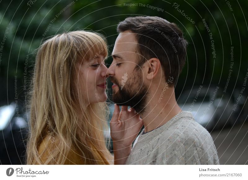 young couple - eyes closed - in love Couple Partner Life 2 Human being 18 - 30 years Youth (Young adults) Adults brunette Blonde Long-haired Bangs Facial hair