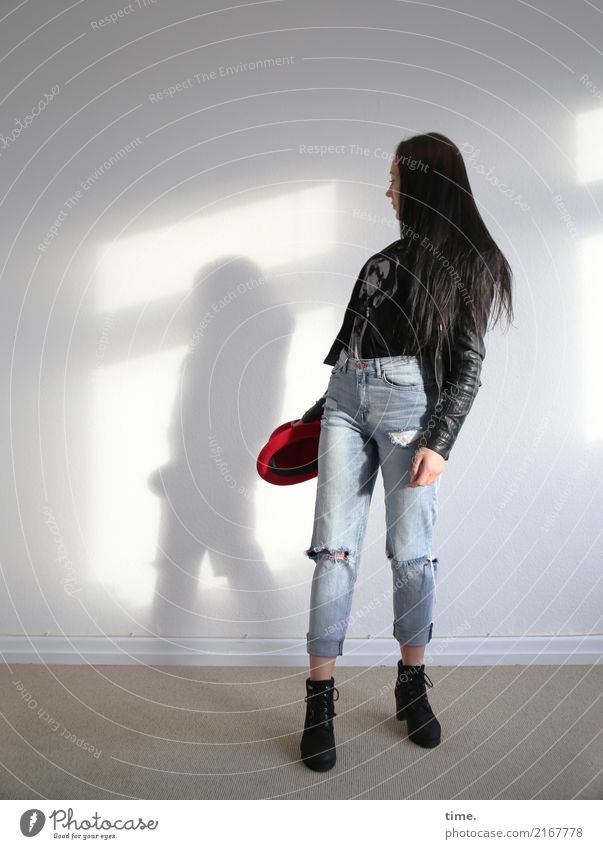 nastya Room Feminine Woman Adults 1 Human being Wall (barrier) Wall (building) Jeans Jacket Footwear Hat Black-haired Long-haired Observe Rotate To hold on