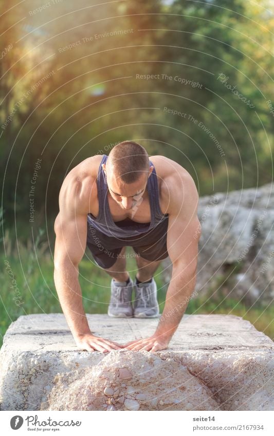 Push-up during outdoor training in the park Lifestyle Healthy Athletic Fitness Summer Sun Sports Sports Training Sportsperson Muscular Sports top Musculature