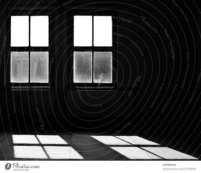 a shadow of itself House (Residential Structure) Building Architecture Window Room Heater Floor covering Old Dirty Dark Black White Calm Loneliness Symmetry
