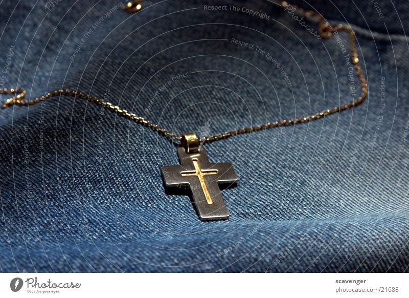 cross Necklace Christianity Jewellery Cloth Rough Style Crucifix Belief Subsoil Back Gold Silver Metal Followers Noble Blue Jeans Lamp Lighting Reflection