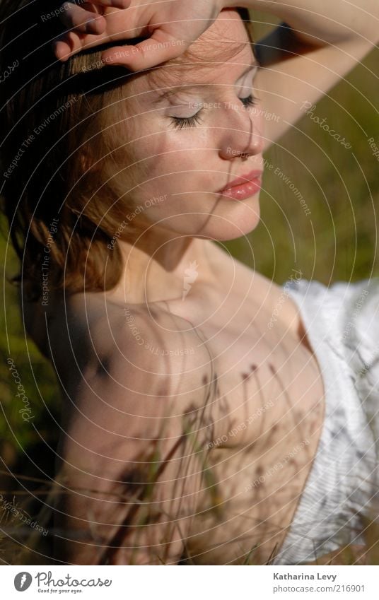shadow play Human being Young woman Youth (Young adults) Woman Adults 1 18 - 30 years Spring Summer Beautiful weather Meadow Fashion Dress Brunette Breathe