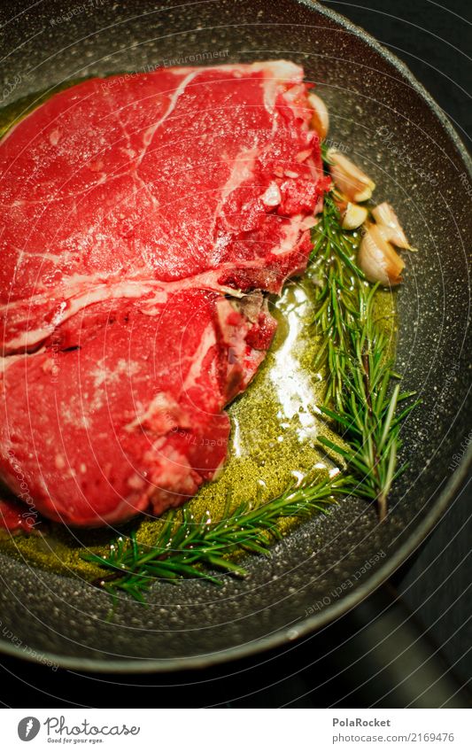 #A# before Art Esthetic Meat Meat dishes Carnivore Meat-eater Meat scare Steak Steakhouse Rosemary Garlic Olive oil Mediterranean Pan Colour photo Multicoloured